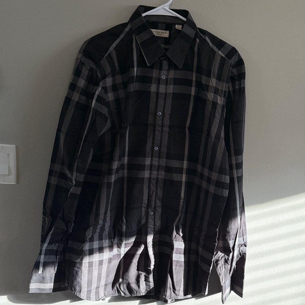 Burberry Black and Gray Plaid Button Down Shirt